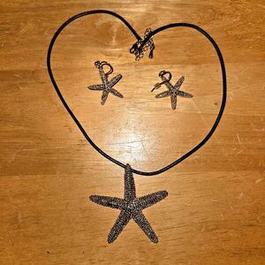 Ocean Starfish Necklace & Earrings Set Silvery Copper Tone Nautical Jewelry